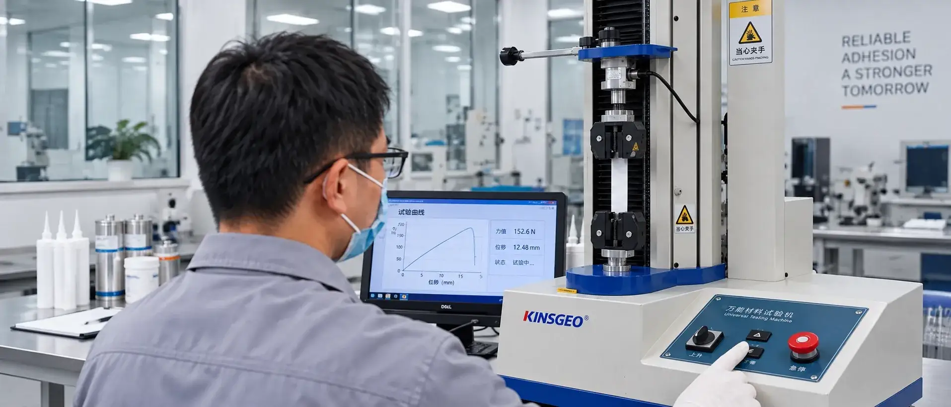 Technician at a universal testing machine, a bonded specimen in the grips and the force-displacement curve on screen