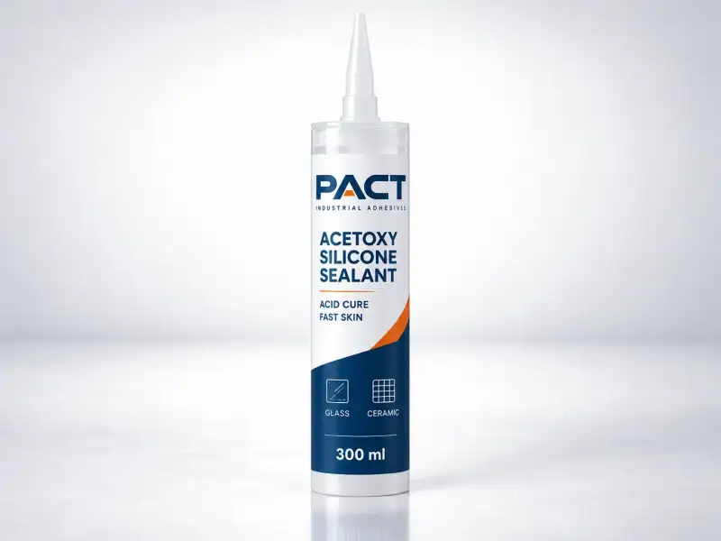 PACT acetoxy silicone sealant in a 300 ml translucent cartridge, labelled for glass and glazed ceramic only