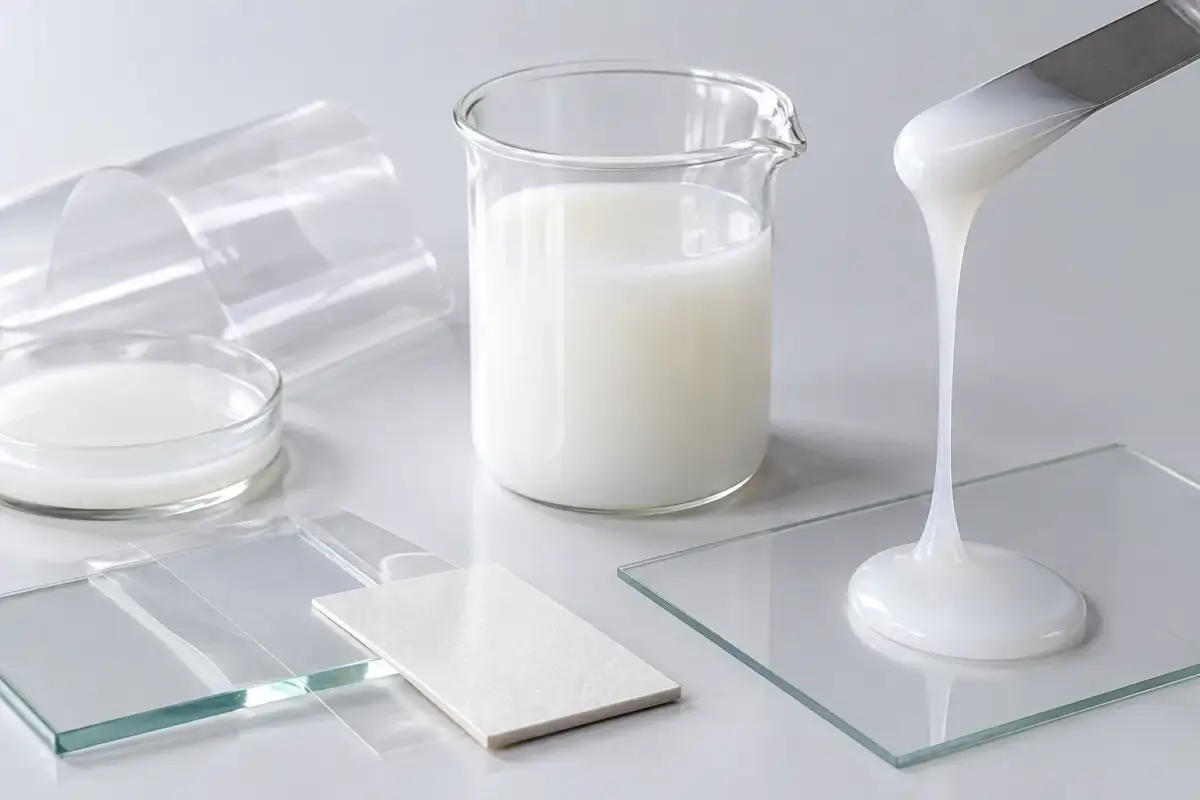 Coated film and label stock beside a tub of acrylic dispersion on a laboratory bench