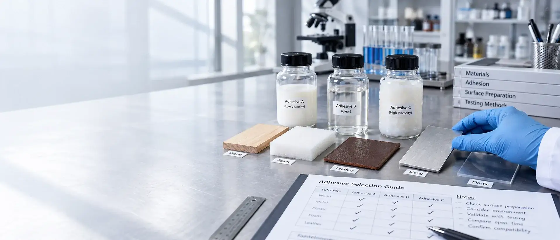 Adhesive samples, substrate coupons and a printed selection chart laid out on a laboratory bench