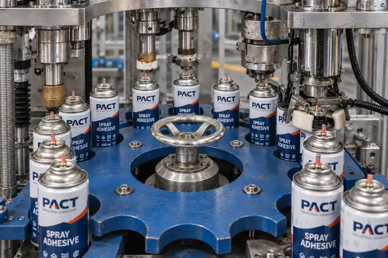 Aerosol cans of PACT spray adhesive on the turntable of an automatic filling and crimping machine