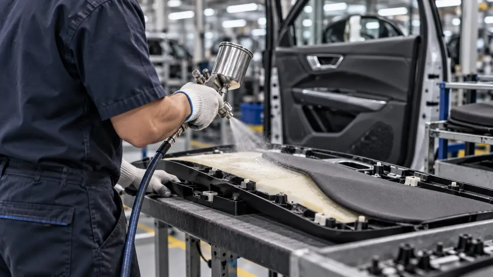 Operator spray-gunning adhesive onto a door trim panel carrier on a vehicle interior line, with the finished door panel and body shell behind