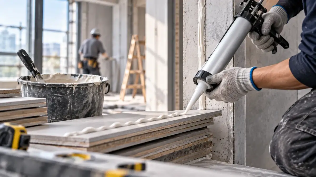 Installer gunning a bead of white adhesive from a cartridge onto the back of a large-format tile, with stacked tiles and a sealed wall joint alongside