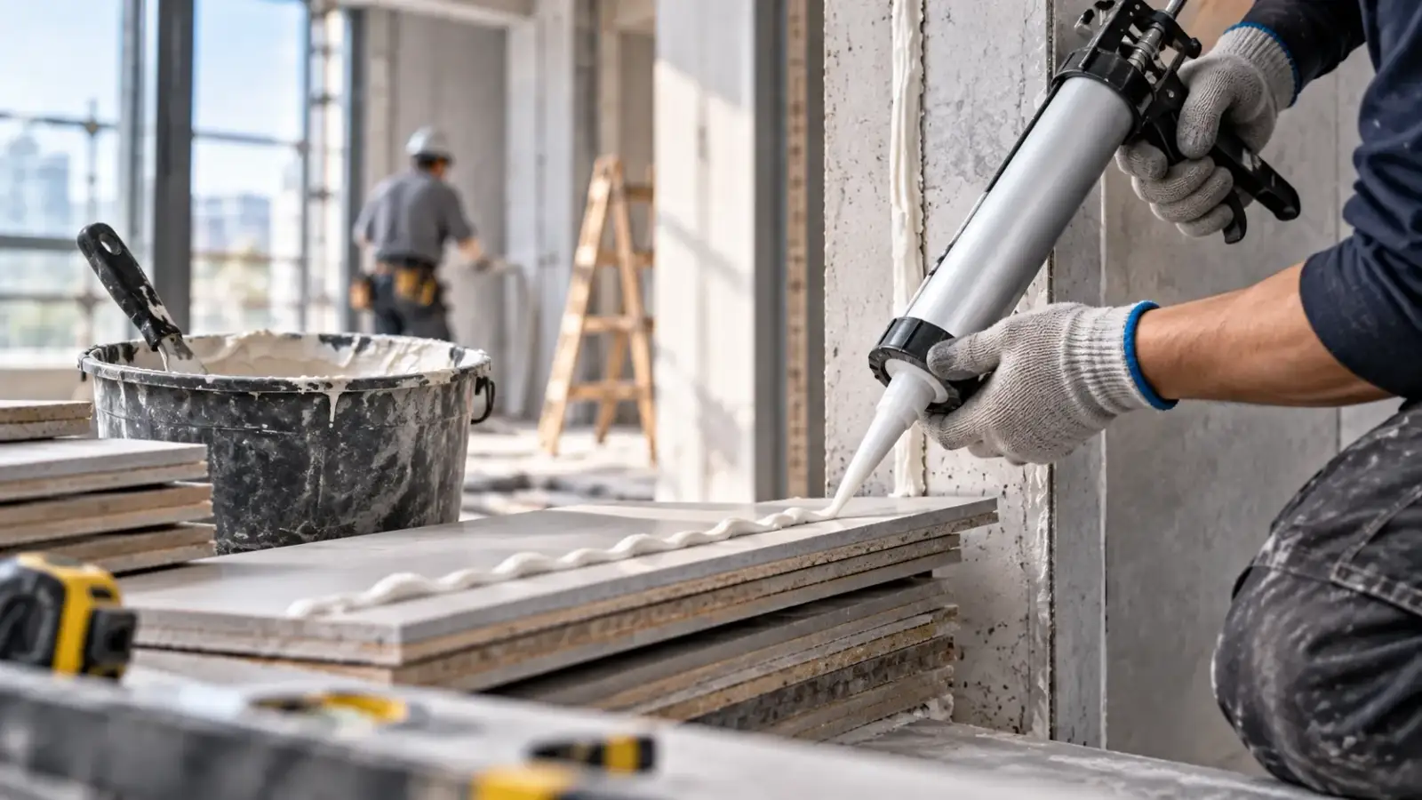 Installer gunning a bead of white adhesive from a cartridge onto the back of a large-format tile, with stacked tiles and a sealed wall joint alongside