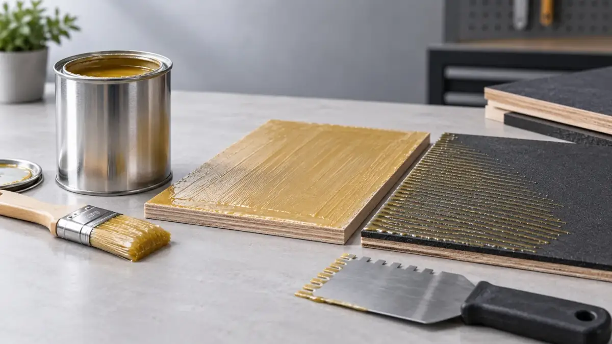 Contact adhesive applied to both substrates and left to flash off to the correct tack before bonding