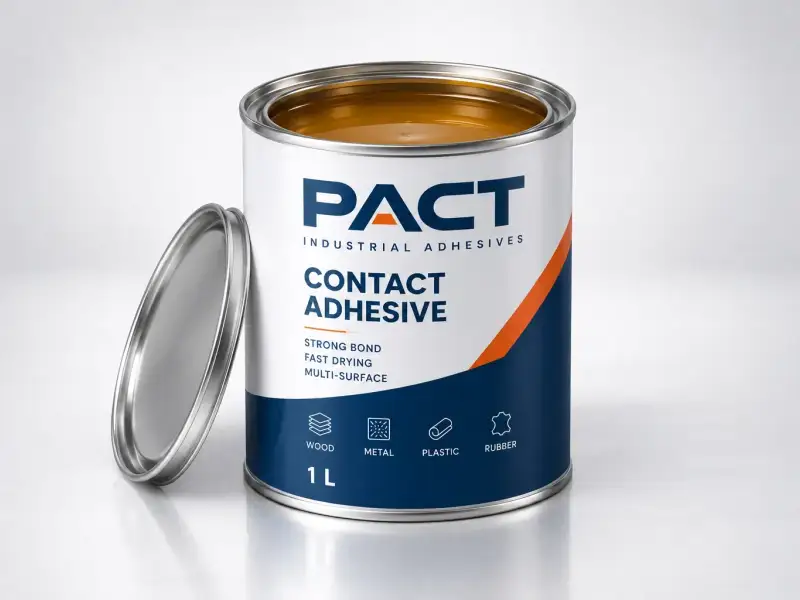 PACT contact adhesive in an open 1 litre steel tin showing the amber neoprene compound