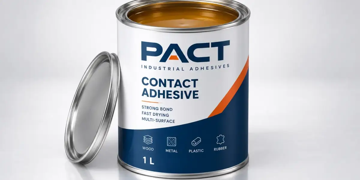 PACT contact adhesive in an open 1 litre steel tin showing the amber neoprene compound