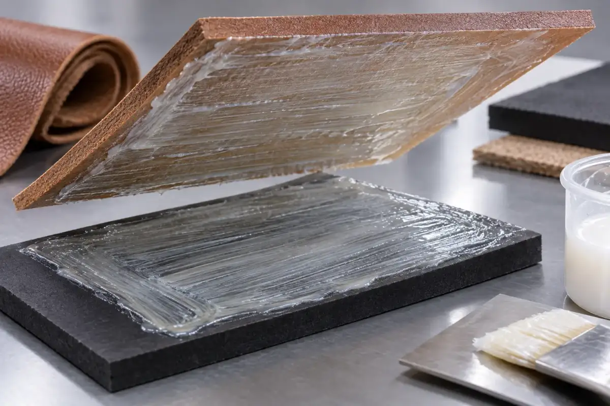 Water-based contact adhesive brushed onto a foam board and a leather-faced panel before they are closed, with the tub and brush alongside