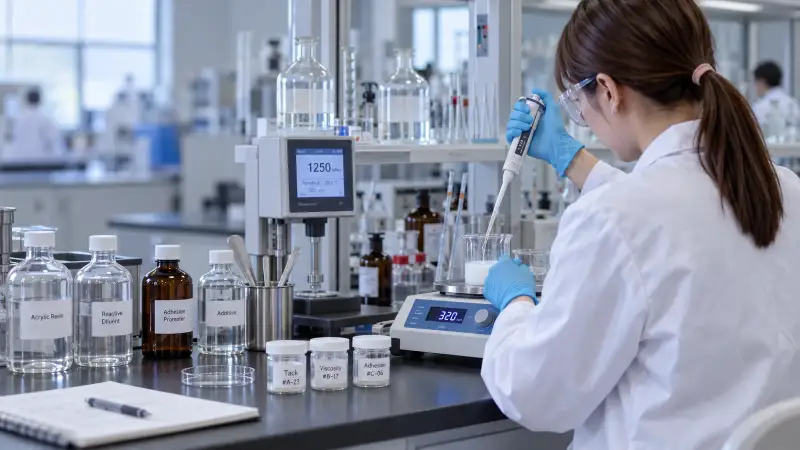 PACT R&D laboratory — a chemist weighing a sample beside a viscometer reading 1,250 mPa·s, with acrylic resin, reactive diluent and adhesion promoter on the bench