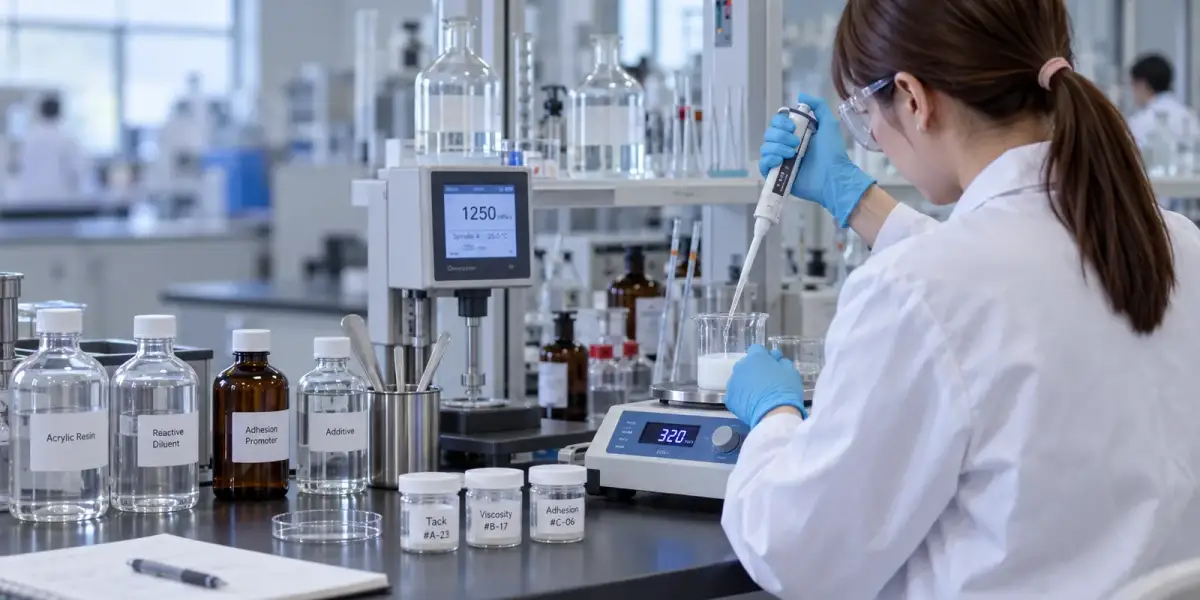 PACT R&D laboratory — a chemist weighing a sample beside a viscometer reading 1,250 mPa·s, with acrylic resin, reactive diluent and adhesion promoter on the bench