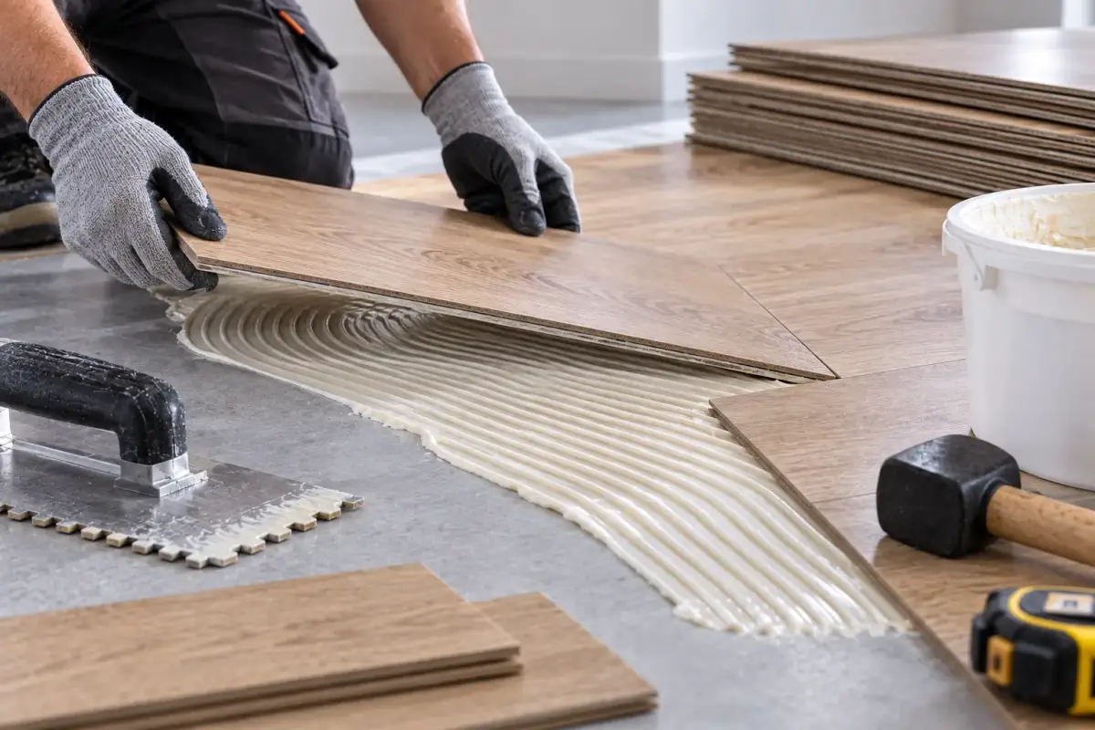 Vinyl flooring and carpet tile laid into a trowelled bed of water-based adhesive