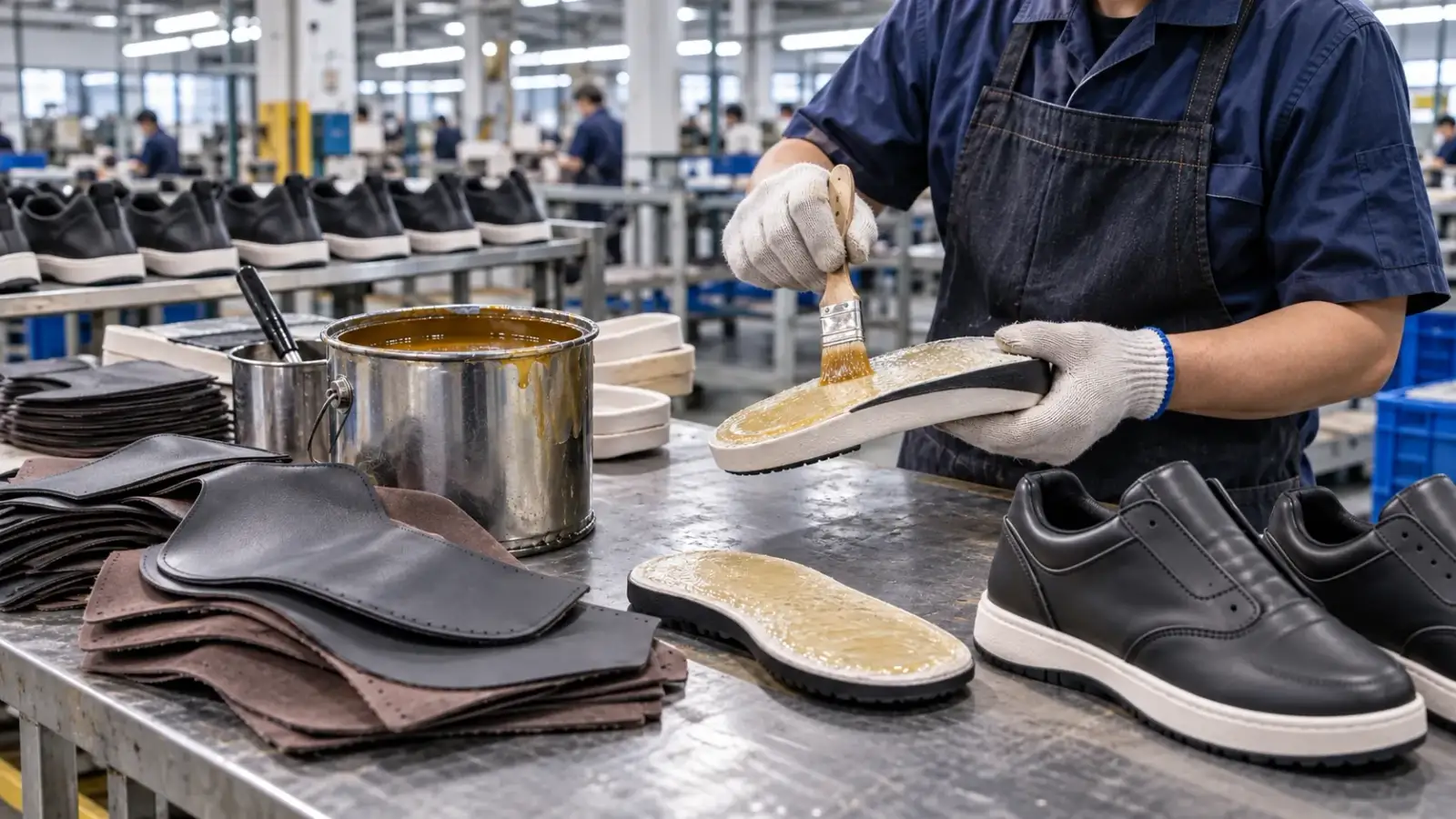 Worker brushing amber contact adhesive onto a shoe sole at a factory bench, with an open tin of adhesive, stacks of cut leather uppers and finished shoes alongside