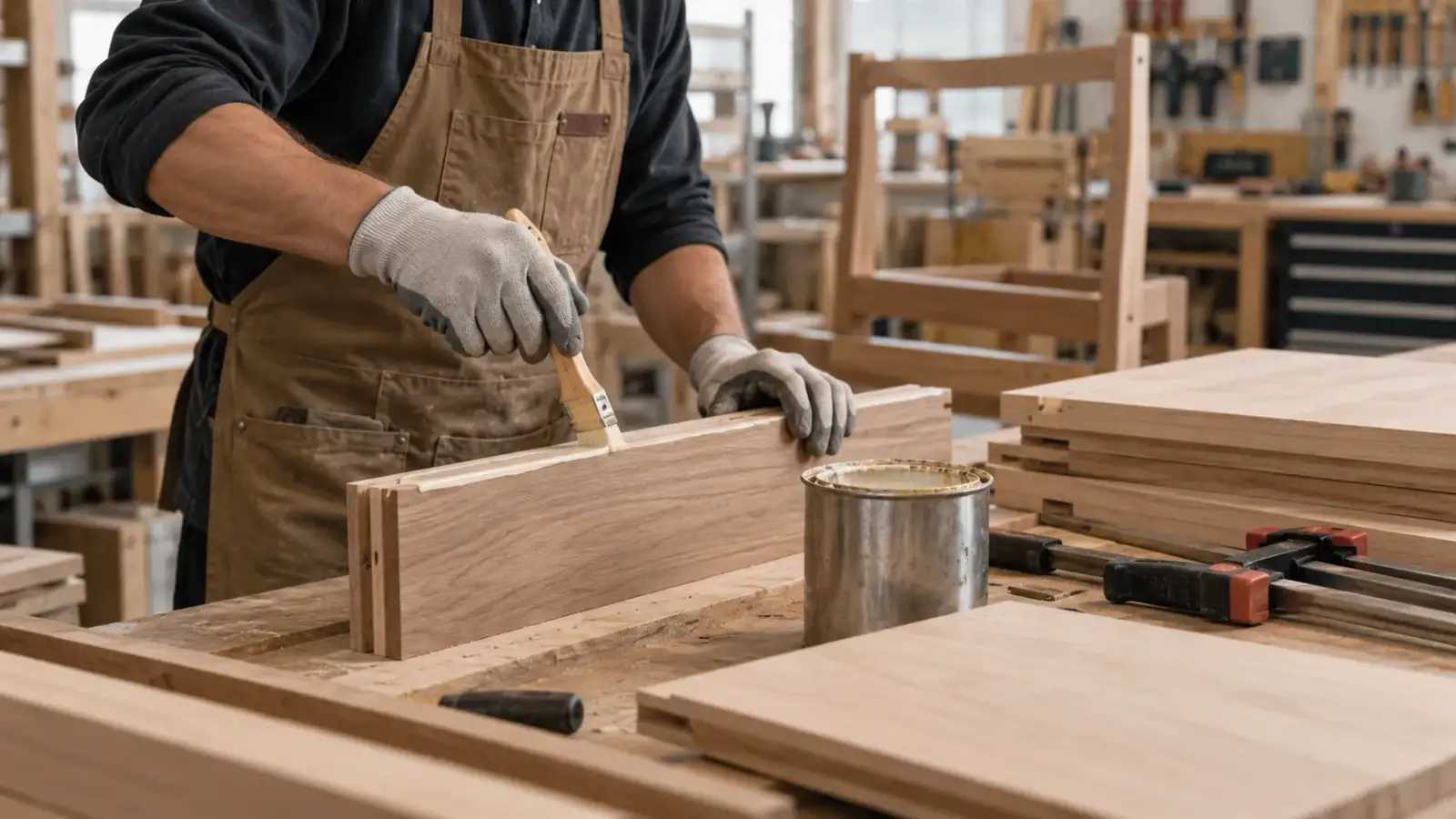 Joiner brushing adhesive along the edge of a hardwood rail in a furniture workshop, with chair frames and stacked panels behind