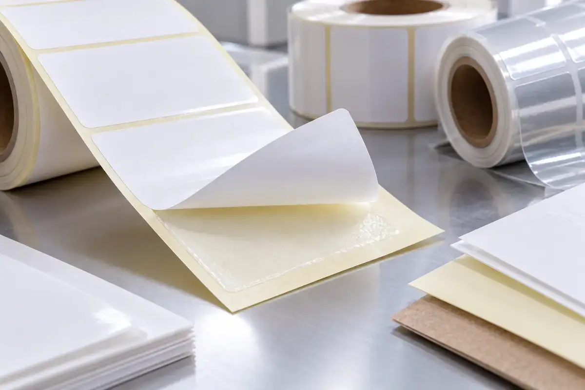 Labelled bottles and sheets of paper and film face stock beside a tub of acrylic label adhesive