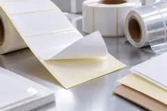 Labelled bottles and sheets of paper and film face stock beside a tub of acrylic label adhesive