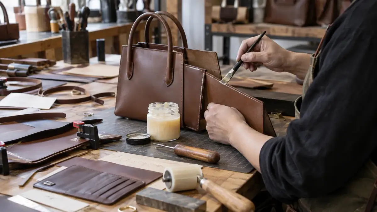 Leatherworker brushing paste adhesive onto a handbag panel at a workbench, with an open jar of adhesive, wallets, belts and finished bags around it