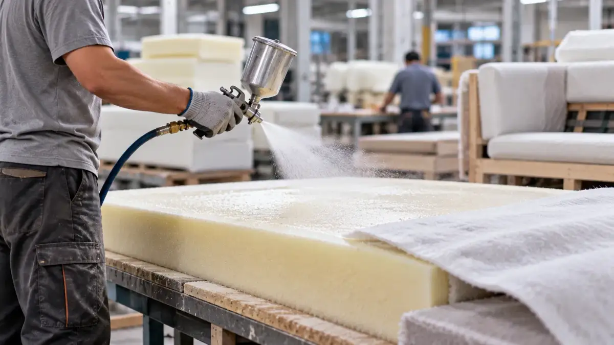 Operator spraying adhesive across a foam slab before the cover fabric is laid over it, with cut foam blocks and sofa frames in the hall behind