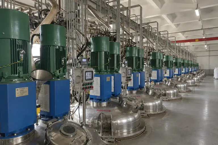 Row of stainless steel mixing vessels with numbered identification marks, each driven by its own motor and control box