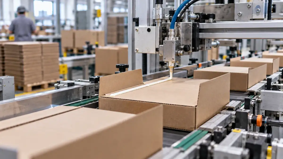 Automatic gluing head laying a bead of adhesive on a carton flap as boxes move along a case-erecting line, with flat-packed blanks stacked behind