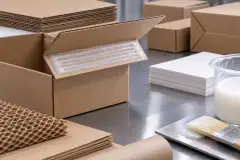 Carton blanks and paper board glued at the seam, with a tub of white packaging adhesive