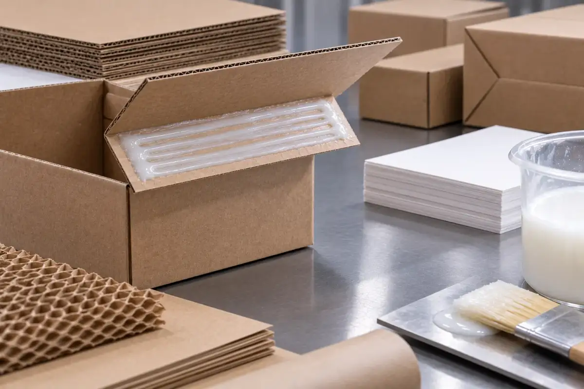 Carton blanks and paper board glued at the seam, with a tub of white packaging adhesive