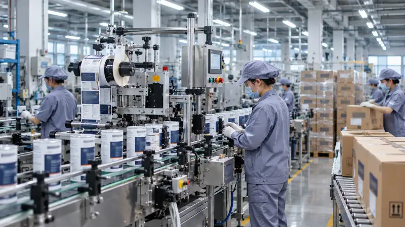 Labelling line applying printed customer labels to filled adhesive tins, with cartons being packed alongside