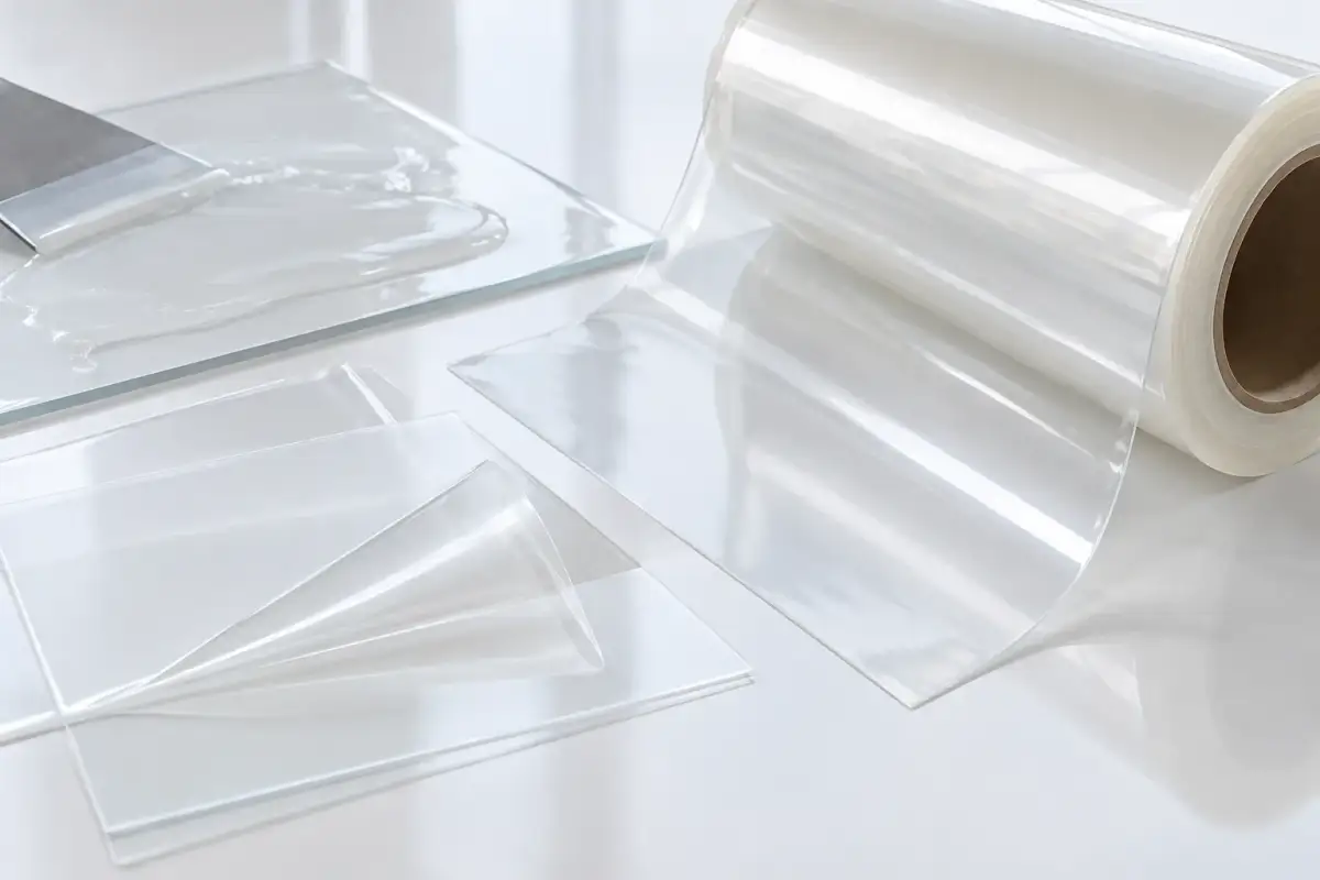 Protective film being lifted from a brushed stainless panel, with coated film rolls alongside
