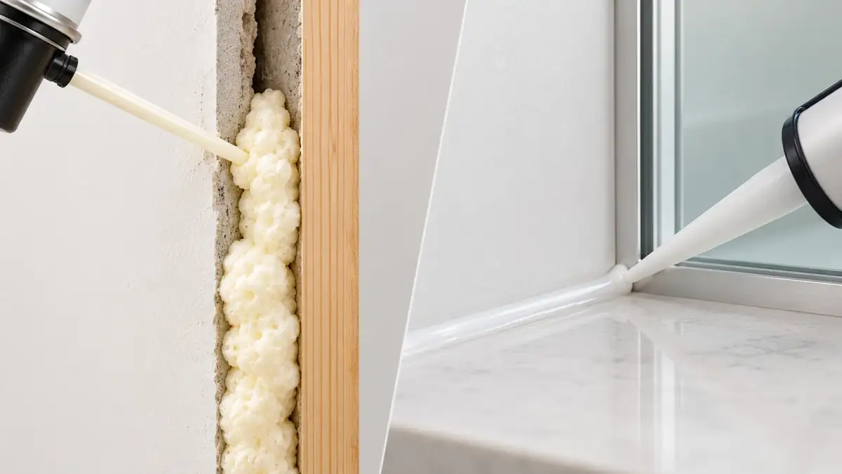 Expanding PU foam and silicone sealant applied to the same window perimeter joint for comparison