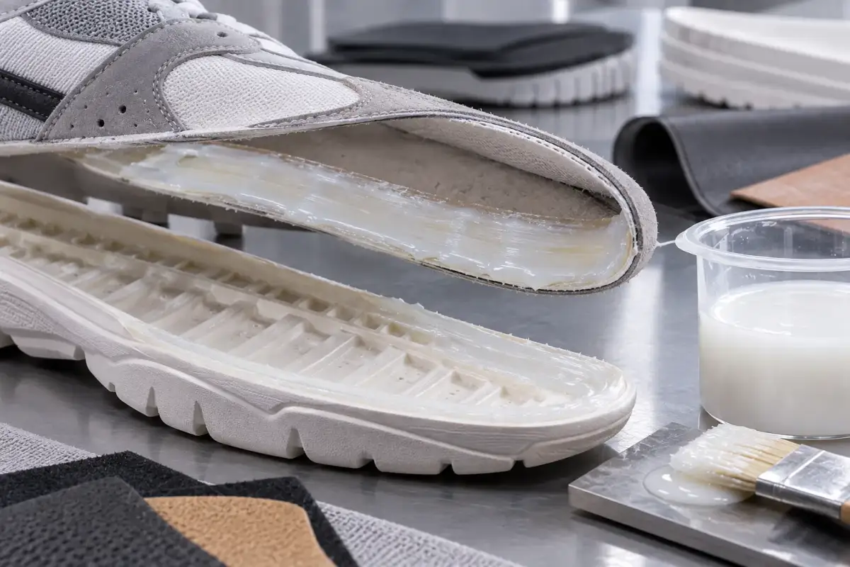 Sole and upper prepared with water-based PU adhesive, with the tub and brush on the bench