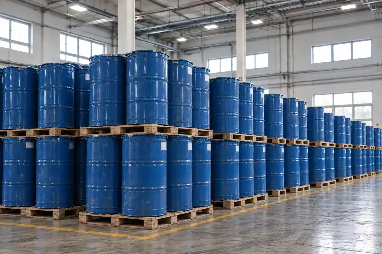 Palletised steel drums of raw material stacked two high in the materials store, each pallet carrying a label