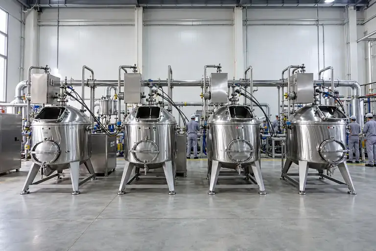 Four jacketed stainless steel reaction vessels with charging hatches open and operators working at the line behind them