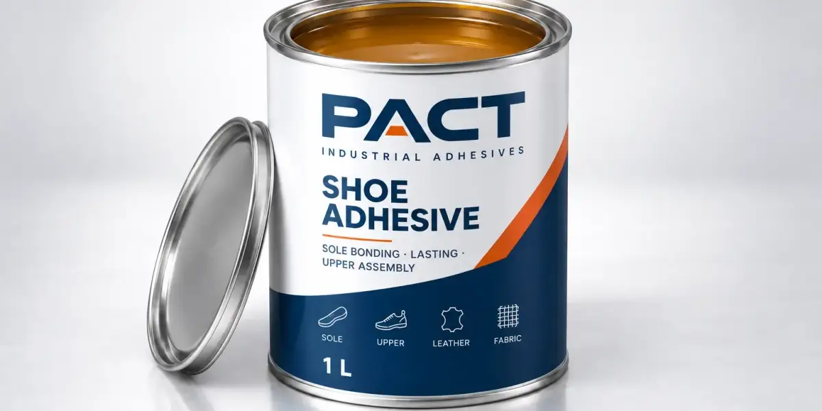 PACT shoe adhesive in an open 1 litre steel tin showing the amber compound