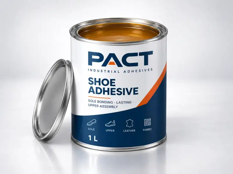 PACT shoe adhesive in an open 1 litre steel tin showing the amber compound