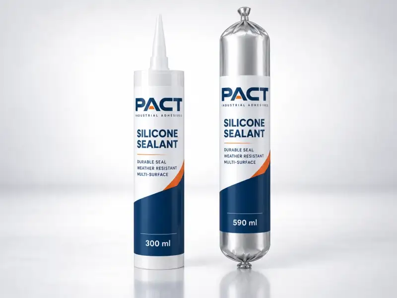 PACT silicone sealant in both pack formats — a 300 ml cartridge and a 590 ml foil sausage