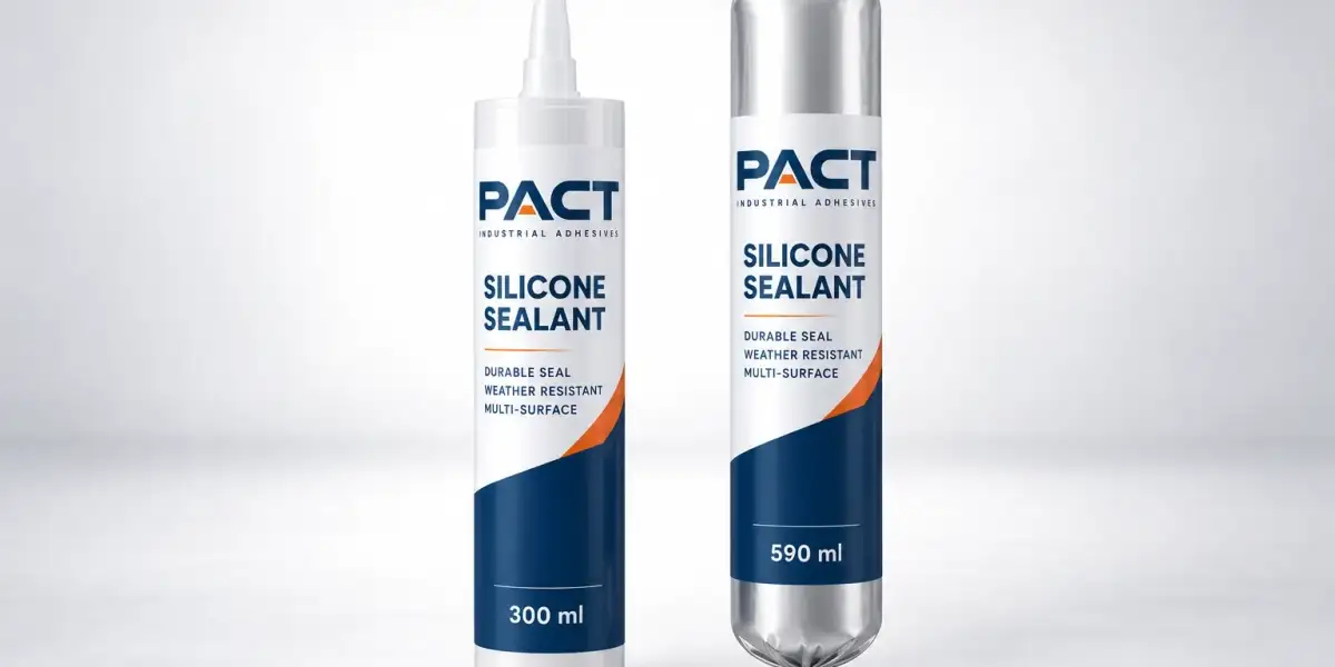 PACT silicone sealant in both pack formats — a 300 ml cartridge and a 590 ml foil sausage