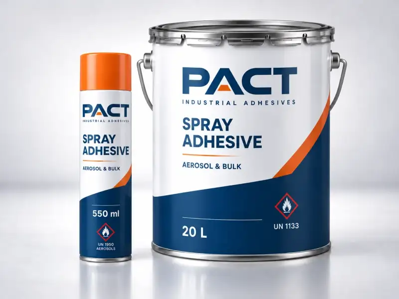 PACT spray adhesive in both supply formats — a 550 ml aerosol can and a 20 litre bulk drum for gun application