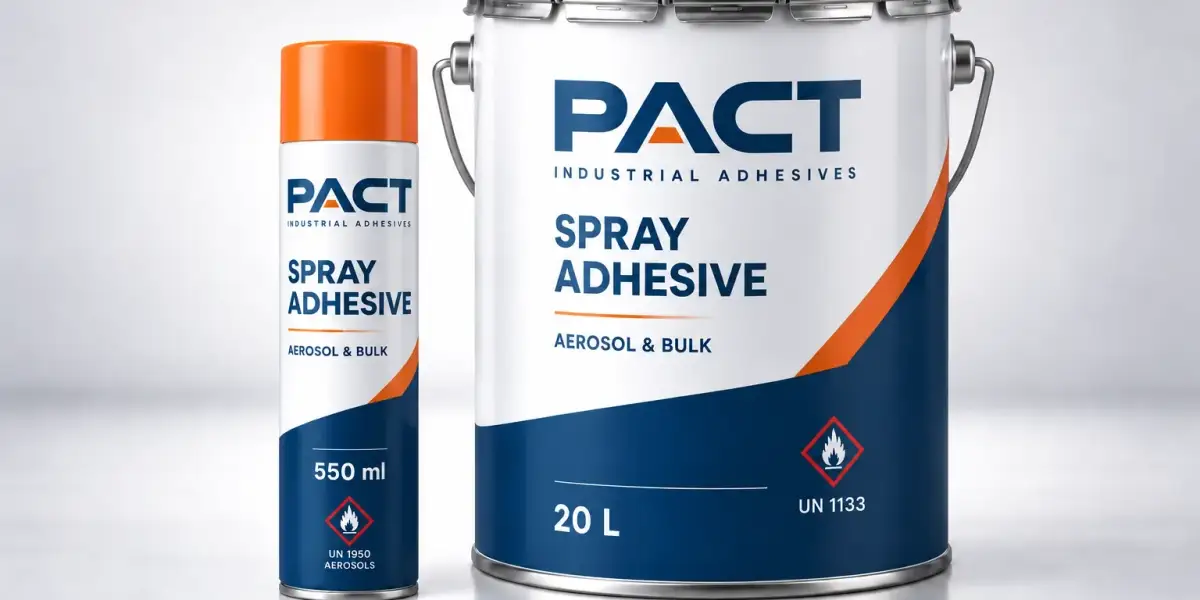 PACT spray adhesive in both supply formats — a 550 ml aerosol can and a 20 litre bulk drum for gun application