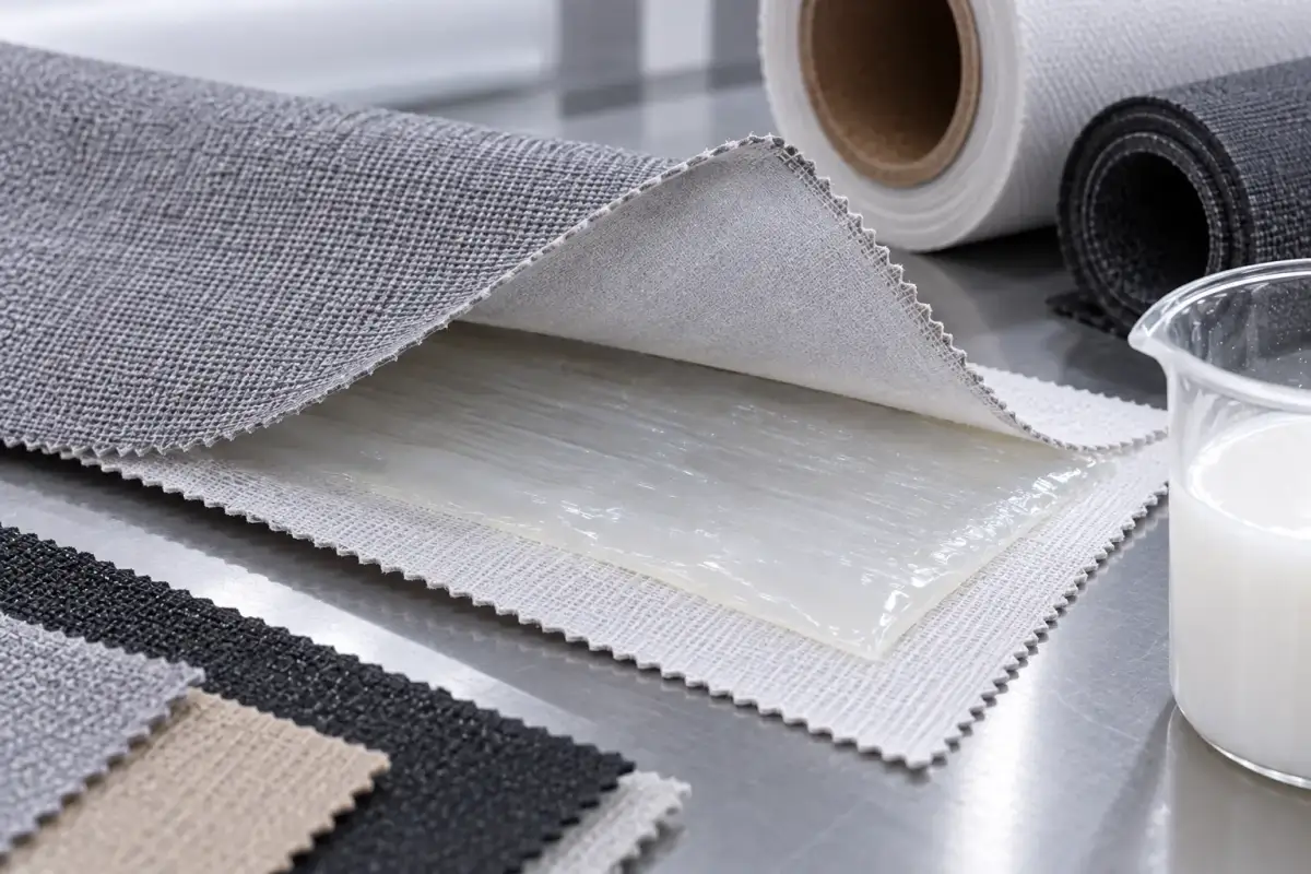 Fabric, foam and film layers laminated together, with a tub of dispersion and a coating blade