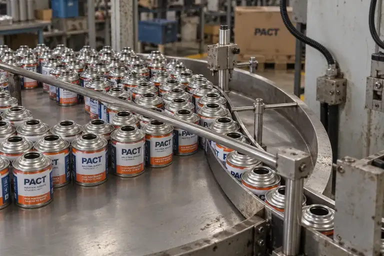 Filled PACT adhesive tins moving along the turntable of a capping machine towards the packing station