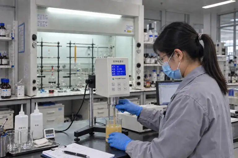 Laboratory technician measuring adhesive with a rotational viscometer, the display showing rotor number, speed, viscosity and temperature