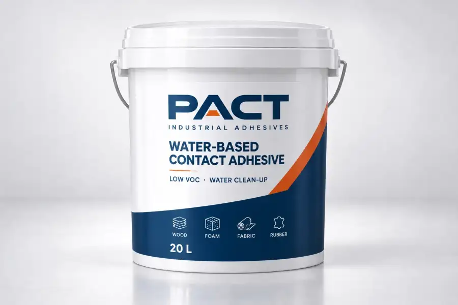PACT water-based contact adhesive in a 20 litre white plastic pail — water-based grades ship in plastic rather than steel