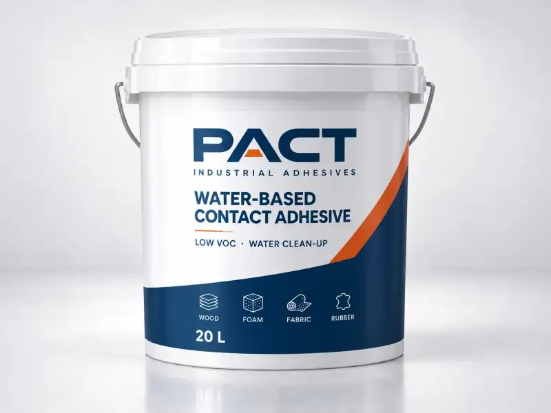PACT water-based contact adhesive in a 20 litre white plastic pail — water-based grades ship in plastic rather than steel