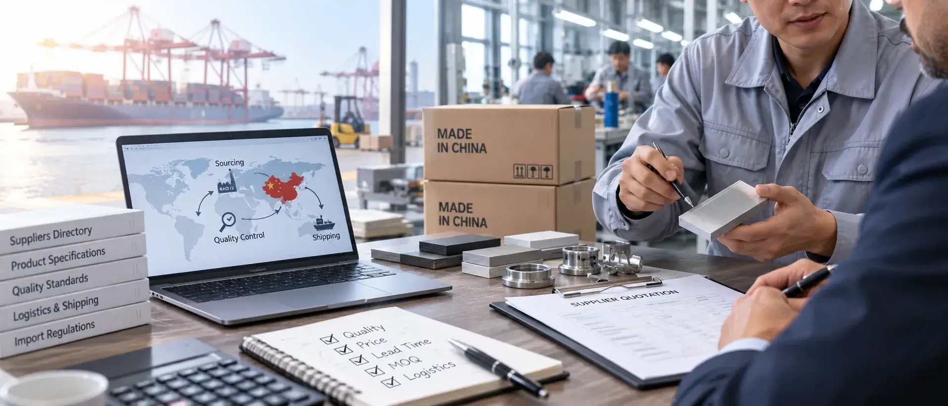 Buyer and supplier reviewing sample parts and a quotation across a table, with a container port and a production floor behind