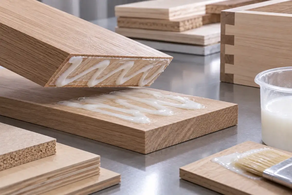 A bead of white wood adhesive laid on an oak rail before assembly, with a dovetailed corner and board samples around it